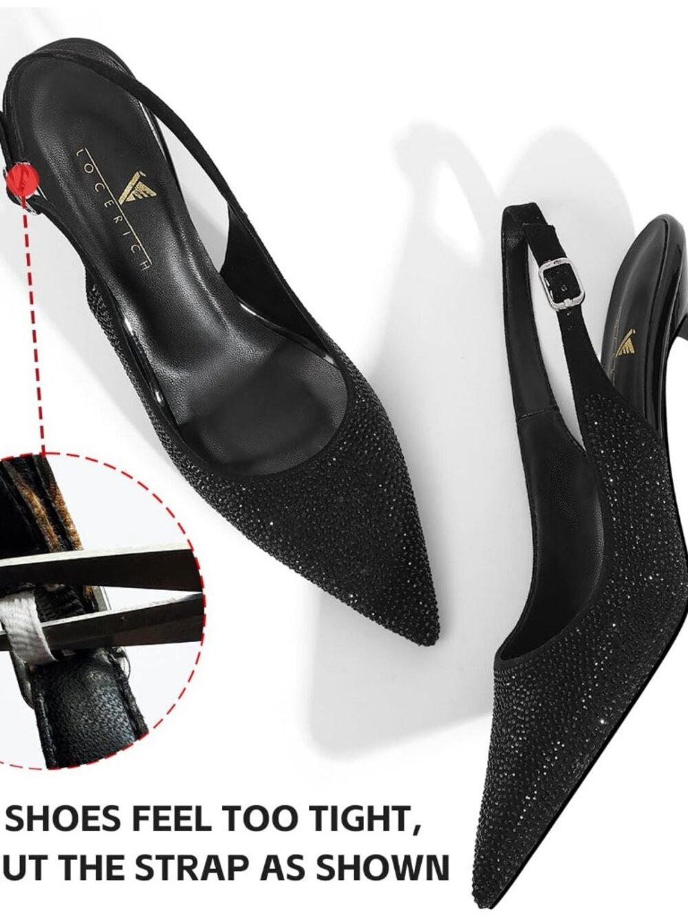 Women's Black Kitten Heels Slingback Low Heel Dress Shoes Rhinestone Pointed Toe - Picture 5 of 6